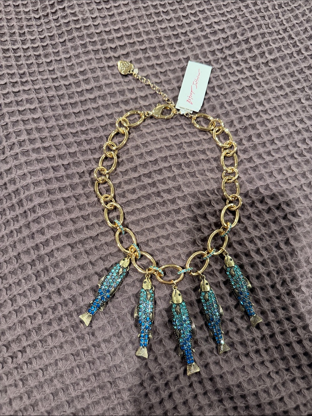 Gold Necklace Blue Glitter Fish Charms - Betsey Johnson sardines double sided